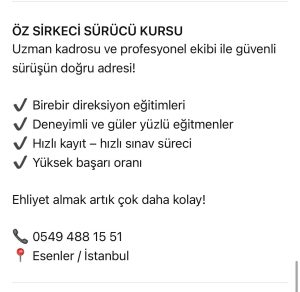Öz Sirkeci sürücü kursu uzman kadrosu ile profesyonel ekibi ile esenler Turgut reis mahallesi hizmetinizde